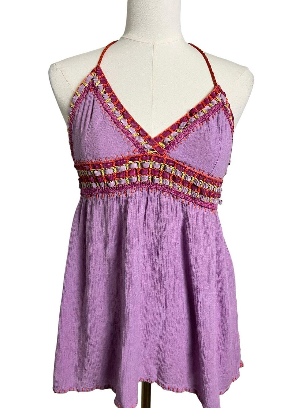 Ban Jara Lavender Halter Babydoll Top Womens X-Small Boho Crochet Trim